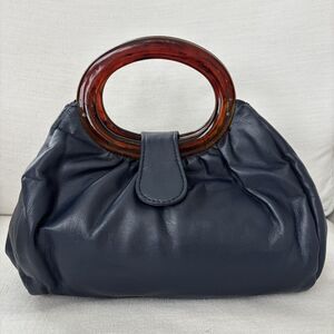 Vintage JR Florida USA Navy Blue Handbag Purse Bakelite Handles MCM Mod 50s 60s